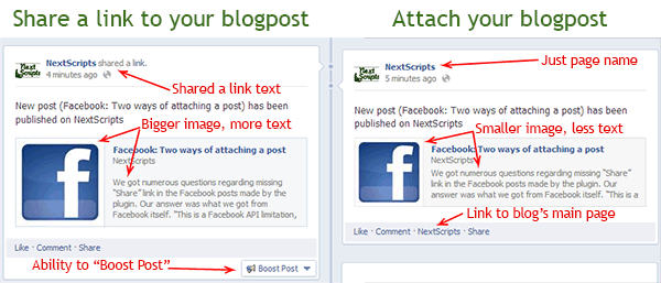 Two ways of attaching post on Facebook