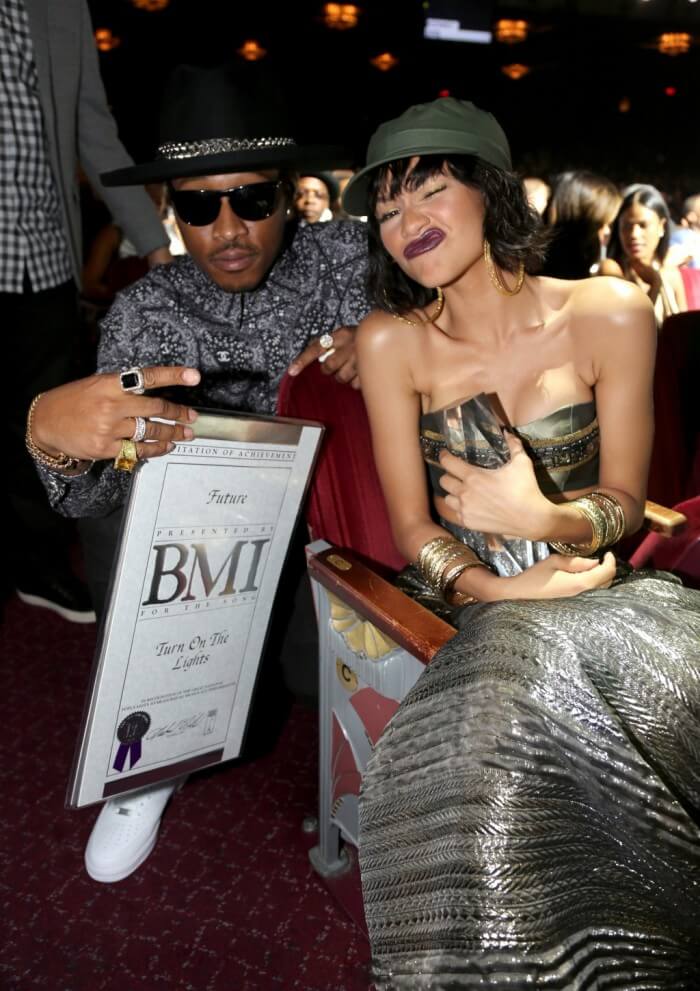 Recording aritsts Future (L, holding a BMI Special Citation of Achievement recognizing ‘Great National Popularity as Measured by Broadcast Performances’ of the song ‘Turn on the Lights’) and Zendaya (holding the Social Star Award) attend the 2014 BMI R&B/Hip-Hop Awards at the Pantages Theatre on August 22, 2014 in Hollywood, California.