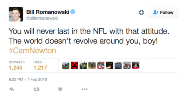 cam-newton-bill-romanowski-racist-tweet