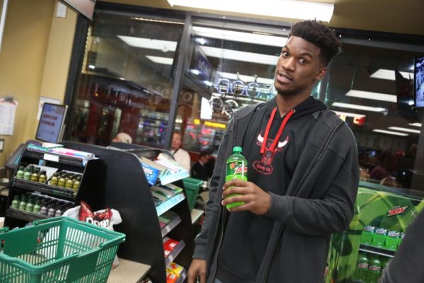 NBA star Jimmy Butler enjoys a Mountain Dew during the filming of "Make An Introduction", a television spot airing in the U.S. and Canada during NBA All-Star 2016 featuring DEW(R)athletes and 2016 NBA All-Stars Russell Westbrook and Jimmy Butler, and rising star Julius Randle. The shoot was held in Los Angeles on Jan. 27, 2016. (Casey Rodgers/AP Images for Mountain Dew) (PRNewsFoto/Mountain Dew)