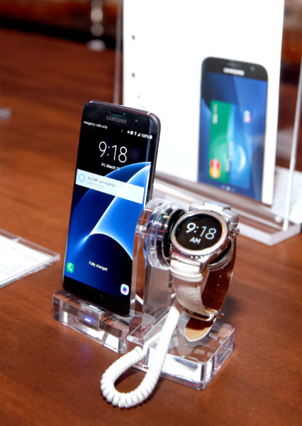 "AUSTIN, TX - MARCH 11: Samsung Galaxy S7 edge and Samsung Gear S2 Classic on display at The Samsung Studio at SXSW 2016 on March 11, 2016 in Austin, Texas. (Photo by Rick Kern/Getty Images for Samsung)"