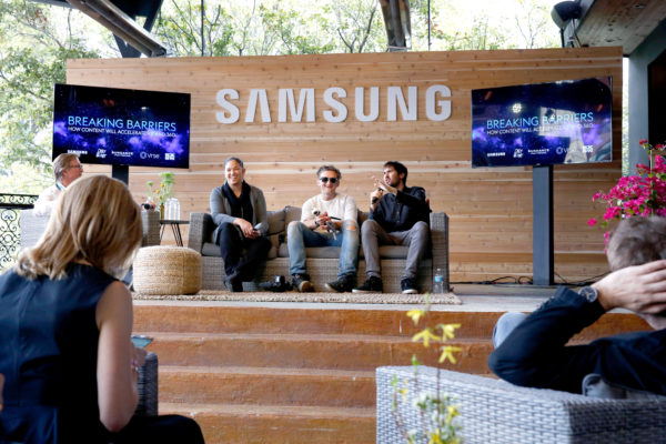 "AUSTIN, TX - MARCH 12: (L-R) CMO of Samsung Electronics America Marc Mathieu, Director of New Frontier Lab Programs at Sundance Institute Kamal Sinclair, director Casey Neistat, and Co-founder of Vrse Aaron Koblin speak onstage during "Breaking Barriers: How Content Will Accelerate VR and 360" at The Samsung Studio at SXSW 2016 on March 12, 2016 in Austin, Texas. (Photo by Rick Kern/Getty Images for Samsung)"