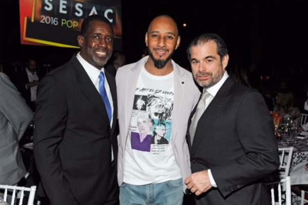 NEW YORK, NY - APRIL 18: Senior Vice President of Writer/Publisher Relations at SESAC Trevor Gale, hip-hop artist Swizz Beatz and Chairman and CEO of SESAC John Josephson attend the 2016 SESAC Pop Music Awards on April 18, 2016 in New York City. (Photo by Shawn Ehlers/Getty Images for SESAC) *** Local Caption *** Trevor Gale; Swizz Beatz; John Josephson