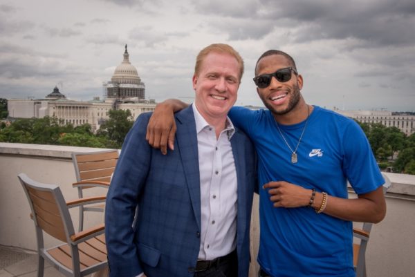 SoundExchange President and CEO Michael Huppe (L) and Trombone Shorty (R) at SoundExchange&apos;s charitable event to raise aware about the importance of music education in public schools. Photo Credit: Sam Kittner for SoundExchange (PRNewsFoto/SoundExchange)