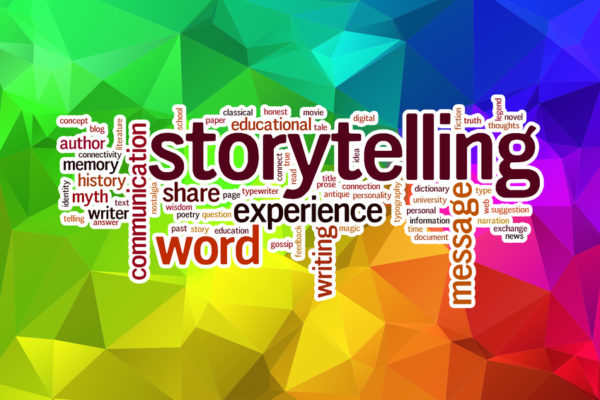 Storytelling concept word cloud  on a low poly background with polygons