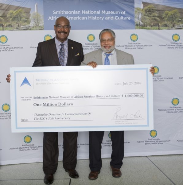The Executive Leadership Council (ELC) donates one million dollars to the Museum of African American History and Culture (NMAAHC) in Washington, D.C. (l-r) ELC President & CEO Ronald C. Parker and Lonnie G. Bunch III, Director, NMAAHC. (Photo by Leah L. Jones/for NMAAHC) (PRNewsFoto/Executive Leadership Council)
