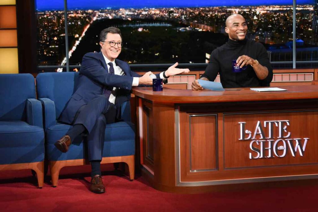 Stephen Colbert and Lenard Charlamagne McKelvey photo credit Scott Kowalchyk for CBS small » broadcasters