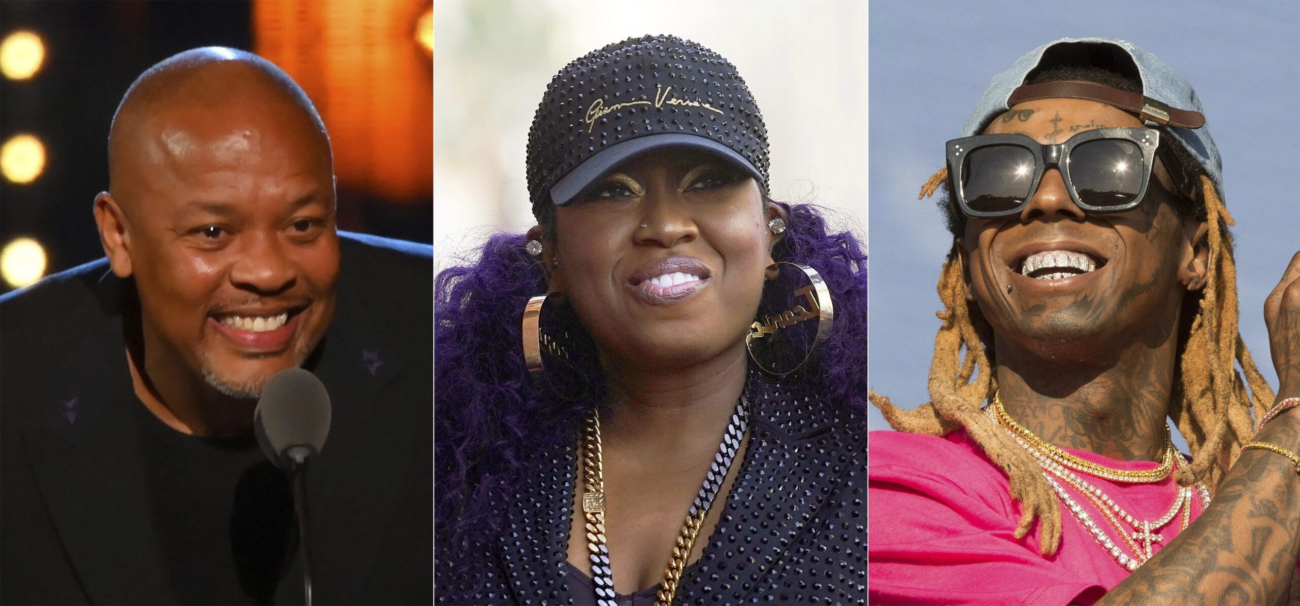 This combination of photos show Dr. Dre, from left, Missy Elliott and Lil Wayne who will be honored at the Recording Academy’s second annual Black Music Collective event during Grammy week next month. The academy announced Wednesday that the three Grammy winners along with music executive Sylvia Rhone will receive the Global Impact Award for their personal achievement in the music industry.  (AP Photo)