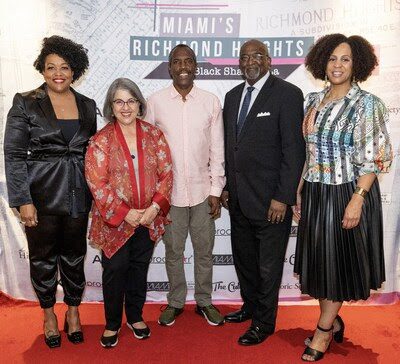 Writer & Director Jessica Garrett Modkins is joined from left to right by Daniella Levine Cava, Miami-Dade County Mayor; Mark Valentine, SBC Community Development Corporation;  former Miami-Dade County Commissioner Dennis S. Moss; and Connie Kinnard, VP of Multicultural Tourism & Development, Greater Miami Convention & Visitors Bureau.  The group is shown at the DocuSeries premier for Miami's Richmond Heights: The Black Shangri-La.