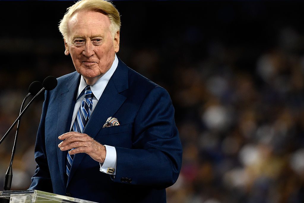 LOS ANGELES, CA - SEPTEMBER 23:  Dodgers announcer Vin Scully addresses the crowd during a retirement ceremony in his honor before the game at Dodger Stadium on September 23, 2016 in Los Angeles, California. Scully is retiring after 67 years with the Dodgers. (Photo by Lisa Blumenfeld/Getty Images)