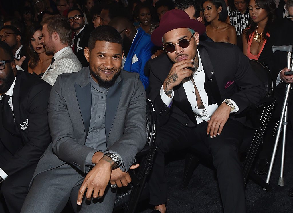 LOS ANGELES, CA - FEBRUARY 08: Recording Artists Usher and Chris Brown attend The 57th Annual GRAMMY Awards at the STAPLES Center on February 8, 2015 in Los Angeles, California.  (Photo by Larry Busacca/Getty Images for NARAS)