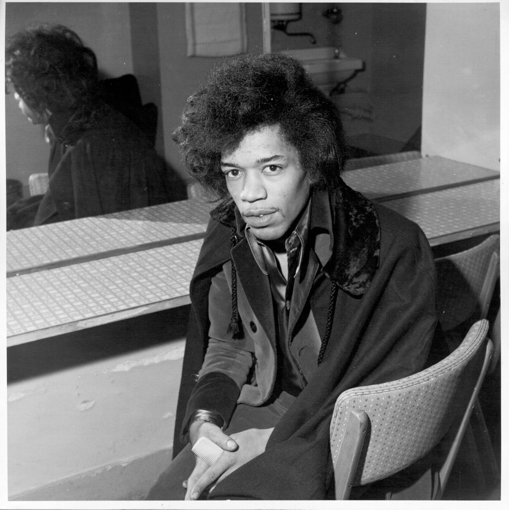 LONDON - 1966: Rock guitarist Jimi Hendrix poses for a portrait sitting in a chair in 1966 in London, England. (Photo by Cyrus Andrews/Michael Ochs Archives/Getty Images)