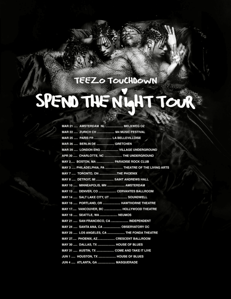 TEEZO TOUCHDOWN ANNOUNCES HEADLINE WORLD TOUR SPEND THE NIGHT