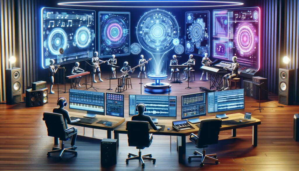 DALL·E 2024 01 03 11.17.25 A futuristic scene depicting the music industry integrated with artificial intelligence. The image shows a high tech studio with advanced AI equipment »