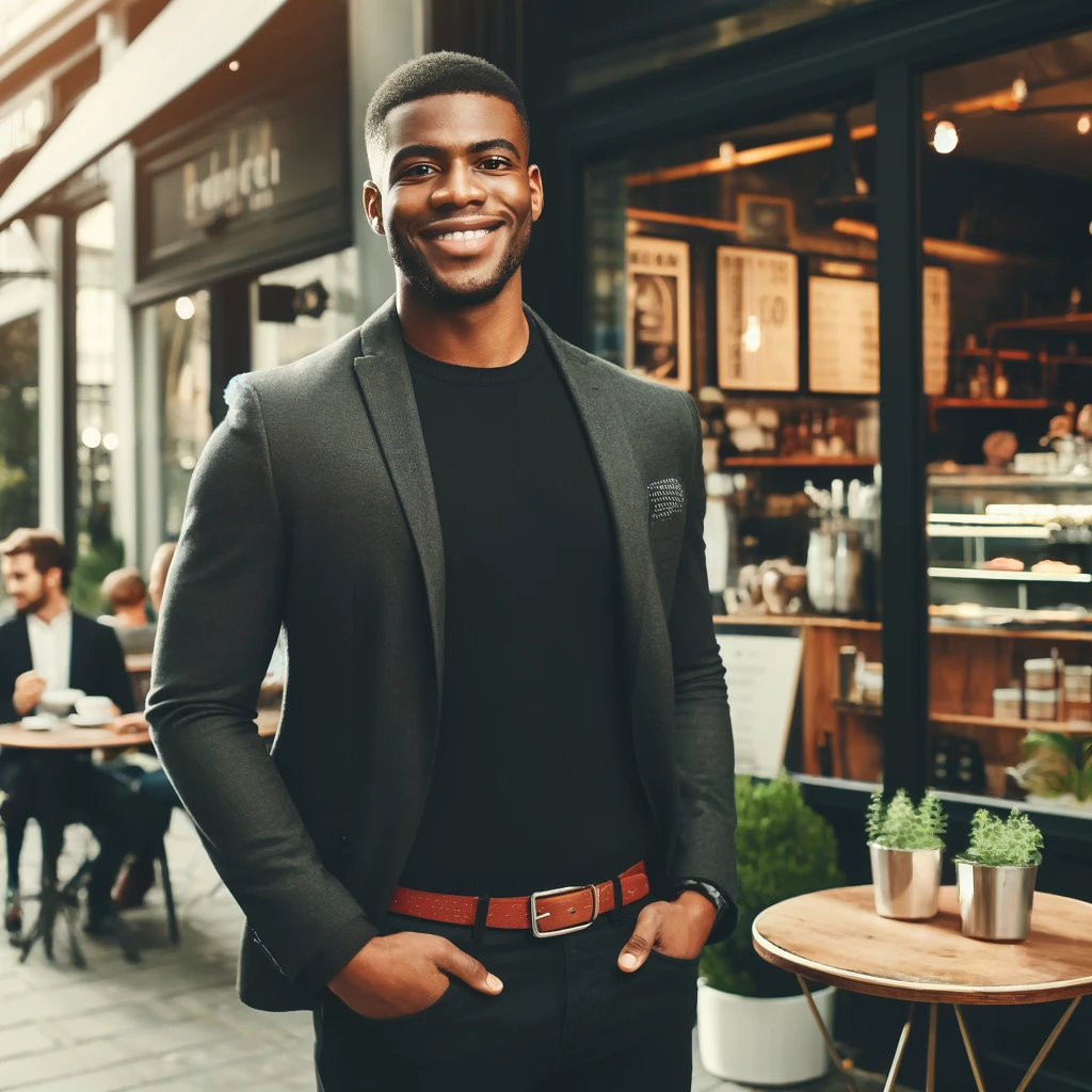 DALL·E 2024 03 30 19.35.20 A confident black business owner standing proudly in front of their coffee shop. The scene captures the entrepreneur with a welcoming smile dressed i - African American entrepreneurs