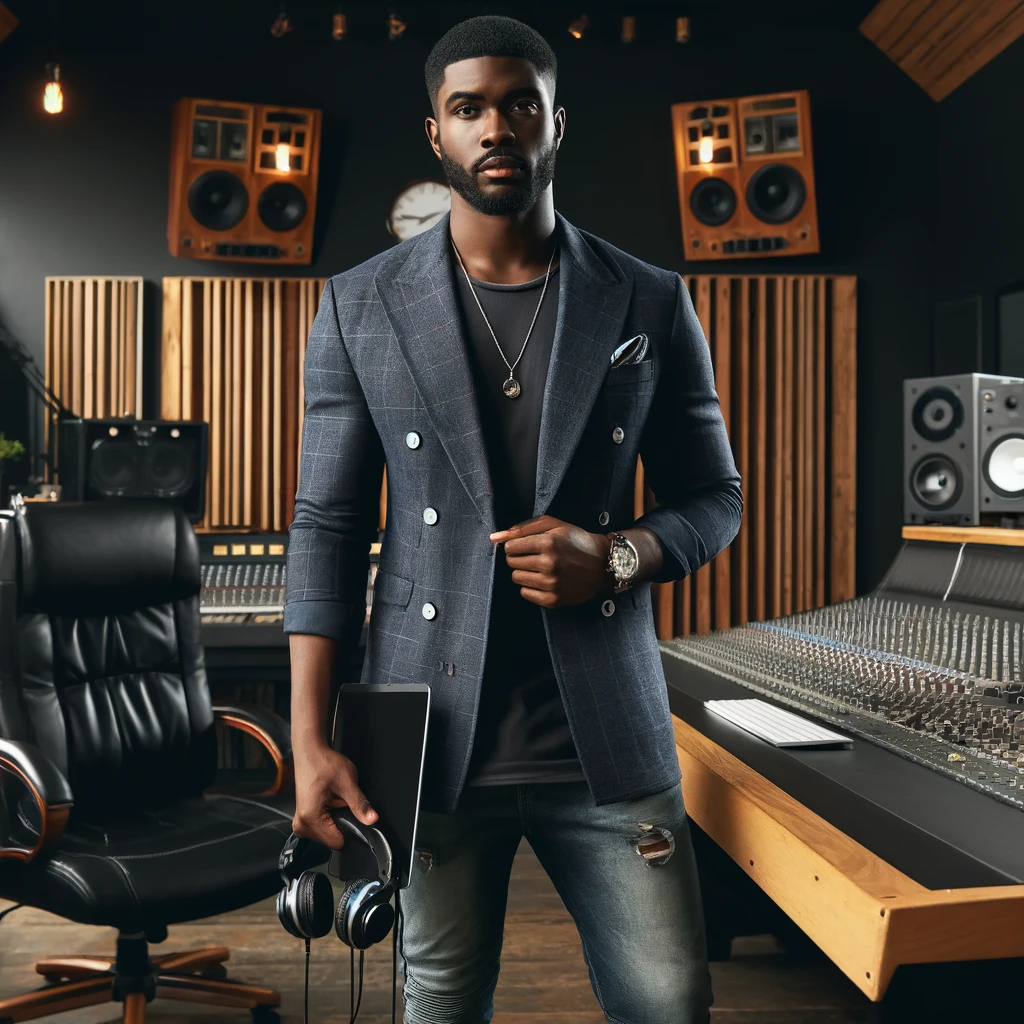 DALL·E 2024 04 03 20.38.49 A confident black entrepreneur in the music industry is depicted standing in a modern music studio. He is wearing casual business attire consisting o » adaptability