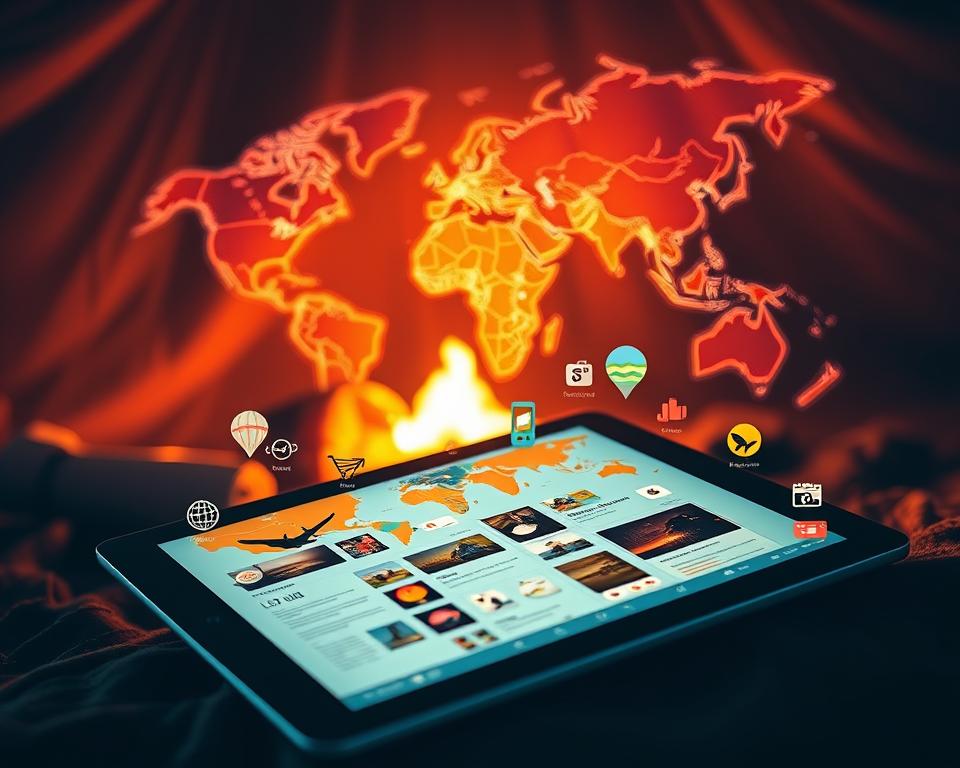 A vibrant digital travel diary, its pages filled with captivating snapshots and vivid memories. In the foreground, a sleek tablet displays a seamless interface, inviting the user to effortlessly log their journeys. Surrounding it, an array of travel-inspired icons and widgets dance across the screen, providing quick access to essential tools. In the middle ground, a world map gradually unfolds, its continents and oceans pulsing with a sense of boundless exploration. The background is awash in a warm, amber glow, evoking the cozy ambiance of a campfire under a starry night sky. Soft shadows and highlights add depth and dimension, creating a sense of depth and immersion. The overall mood is one of excitement, wanderlust, and the promise of extraordinary adventures to come.